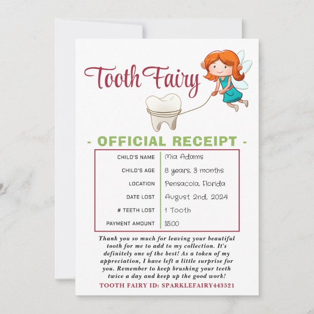 Official Tooth Fairy Receipt Certificate Invitation (Front)