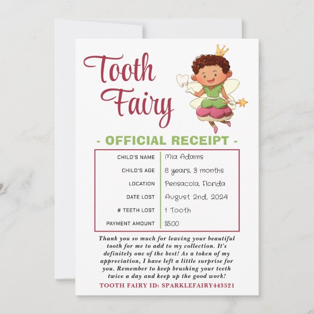 Official Tooth Fairy Receipt Certificate Invitation (Front)