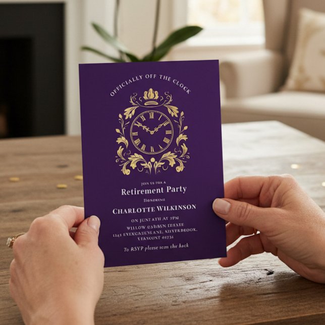 Officially Off The Clock Gold Scroll Retirement  Invitation (Creator Uploaded)
