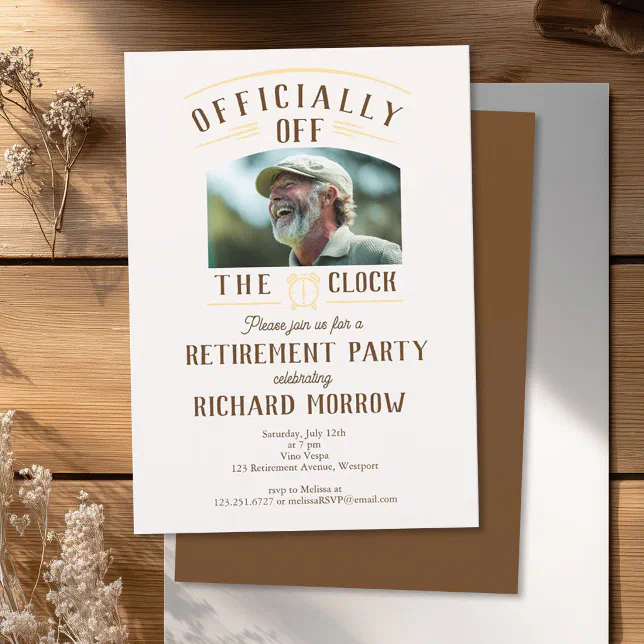 “Officially Off the Clock” Photo Retirement Party Invitation | Zazzle