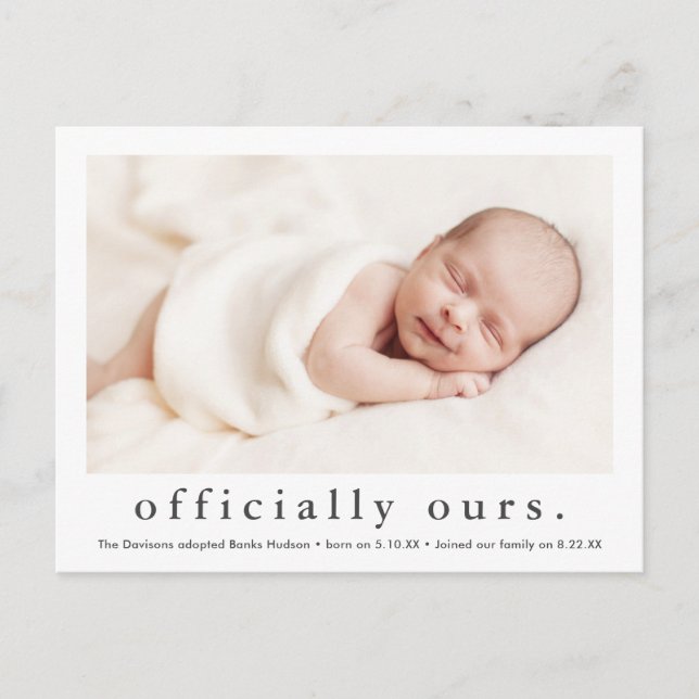 Officially Ours | Minimal Photo Adoption  Postcard (Front)