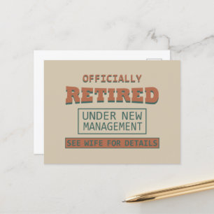 officially retired under new management holiday postcard