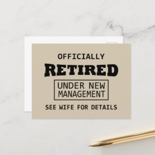 officially retired under new management holiday postcard