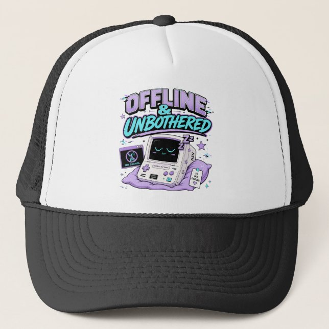 Offline And Unbothered Retro Sticker Trucker Hat (Front)