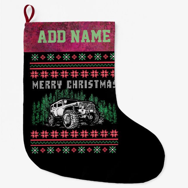 Offroad Vehicle Ugly Christmas Sweater Large Christmas Stocking (Front)