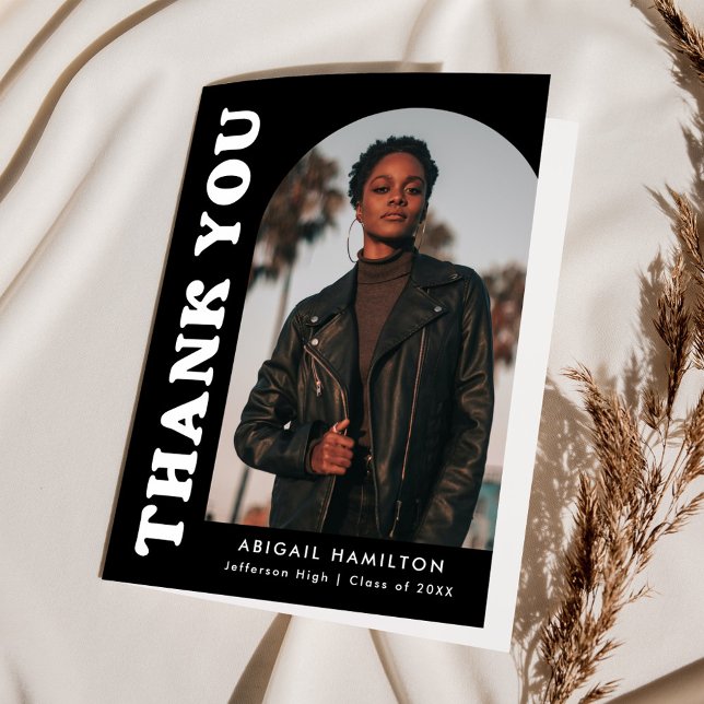 Offset Arch Black and White 4 Photo Graduation Thank You Card (Creator Uploaded)