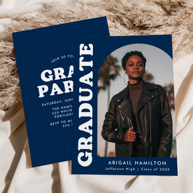 Offset Arch Navy Blue Photo Graduation Party Invitation (Creator Uploaded)