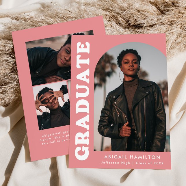 Offset Arch Pink 4 Photo Graduation Announcement (Creator Uploaded)