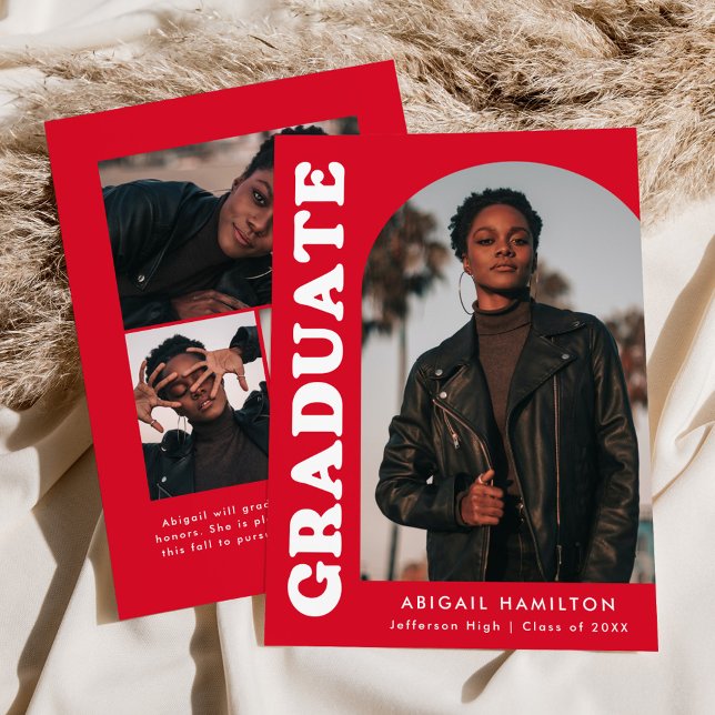 Offset Arch Red 4 Photo Graduation Announcement (Creator Uploaded)