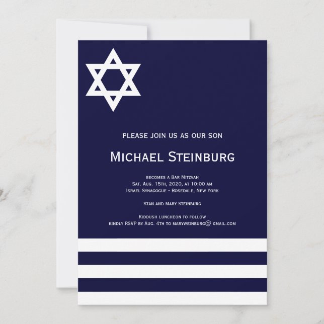 Offset Blue Bar Mitzvah Invitation (Front)