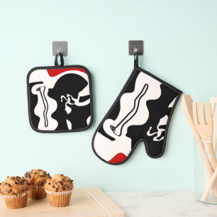 Offset Chamber: Abstract Black, White & Red Oven Mitt & Pot Holder Set