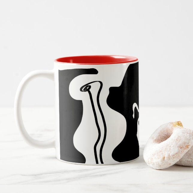 Offset Chamber: Abstract Black, White & Red Two-Tone Coffee Mug (With Donut)