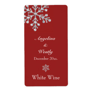 Offset Crystal Snowflake Wedding Wine Label (red)