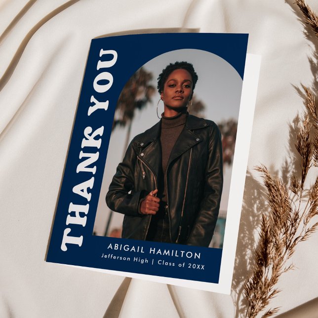 Offset Navy Blue Arch 4 Photo Graduation Thank You Card (Creator Uploaded)