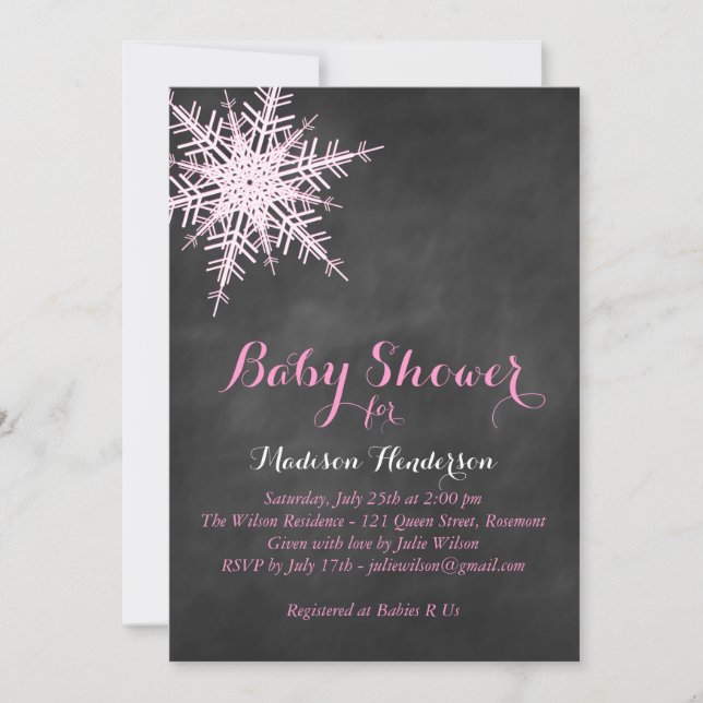 Offset Pink Snowflake Baby Shower Invite on Chalk (Front)