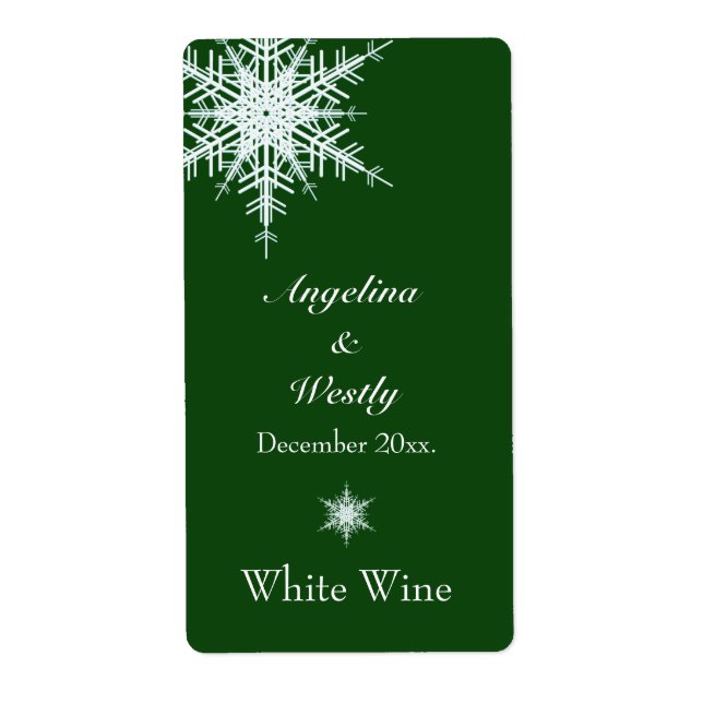 Offset Snowy Green Wedding Wine Label (Front)