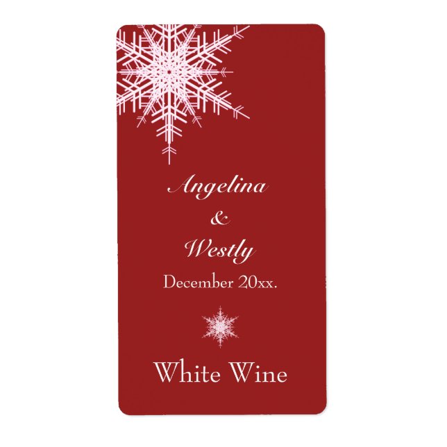 Offset Snowy Red Wedding Wine Label (Front)