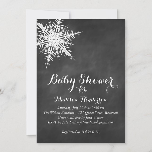 Offset White Snowflake Baby Shower Invite on Chalk (Front)