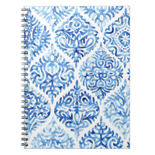 Ogee Elegance: Watercolor White-Blue Notebook