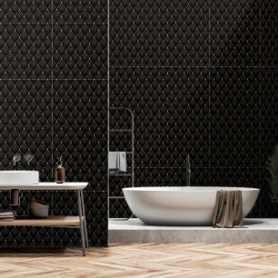 Ogee Gold Diamond Tufted Black Wallpaper