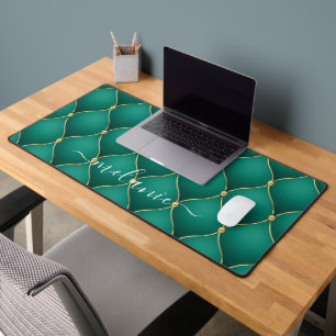 Ogee Gold Diamond Tufted Emerald Green Custom Name Desk Mat