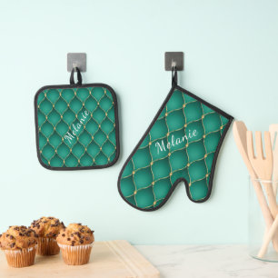 Ogee Gold Diamond Tufted Emerald Green Custom Name Oven Mitt & Pot Holder Set