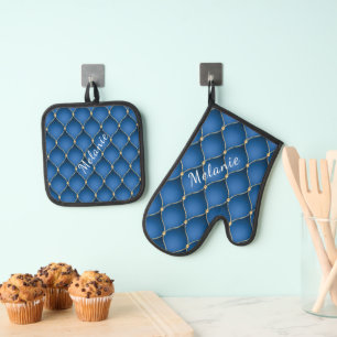 Ogee Gold Diamond Tufted Navy Blue Custom Name Oven Mitt & Pot Holder Set