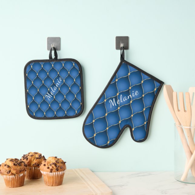 Ogee Gold Diamond Tufted Navy Blue Custom Name Oven Mitt & Pot Holder Set (Insitu(Hanging))