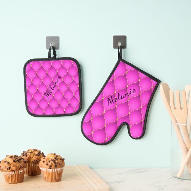 Ogee Gold Diamond Tufted Pink Custom Your Name Oven Mitt & Pot Holder Set (Insitu(Hanging))