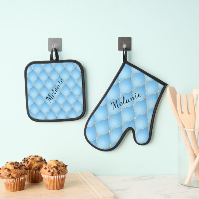 Ogee Gold Diamond Tufted Sky Blue Custom Name Oven Mitt & Pot Holder Set (Insitu(Hanging))
