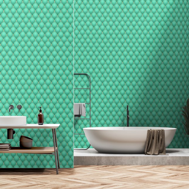 Ogee Gold Diamond Tufted Teal Wallpaper (Bathroom)