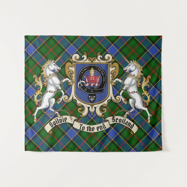 Ogilvie Clan Badge & Unicorns w/Tartan  Tapestry (Front (Horizontal))