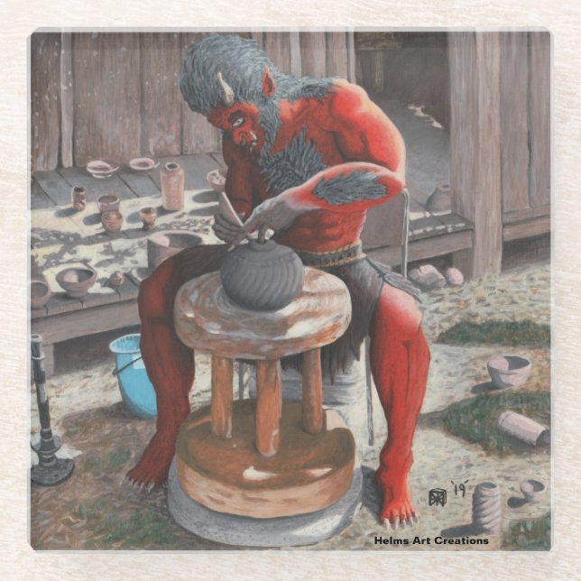 Ogre Using Pottery Wheel Fantasy Art Glass Coaster (Front)