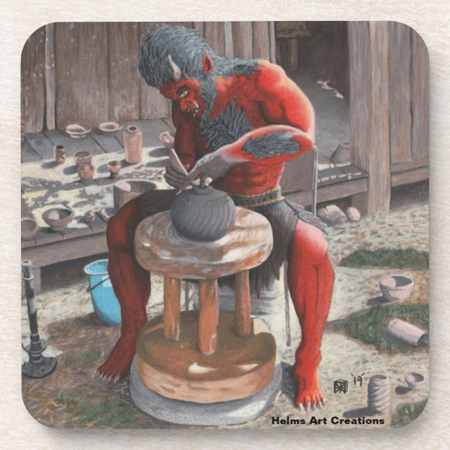 Ogre Using Pottery Wheel Fantasy Plastic Coasters (Front)