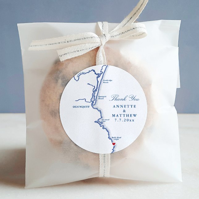 Ogunquit Maine Wedding Favour Thank You Classic Round Sticker (Ogunquit Maine Wedding Favor Thank You Sticker Labels with movable red heart
)