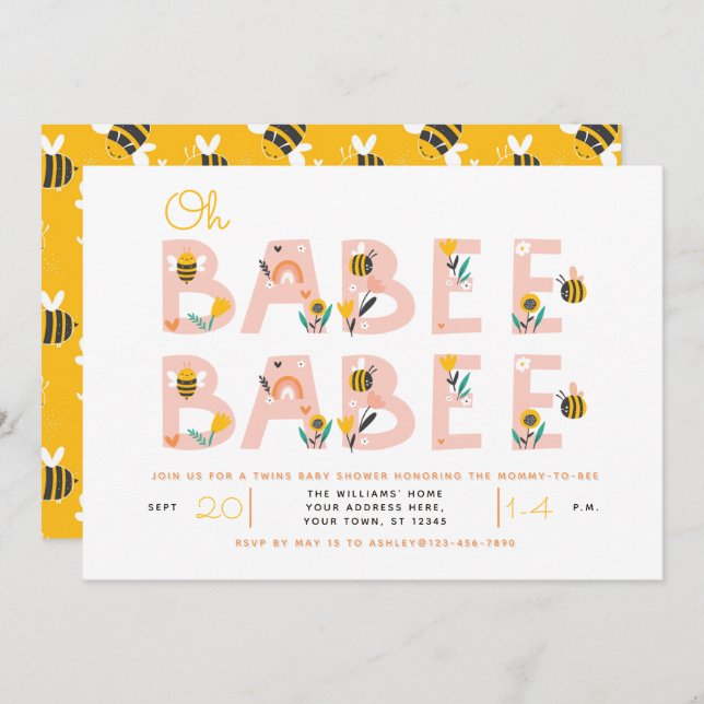 Oh Babee Baby Yellow Twin Baby Shower Invitation (Front/Back)