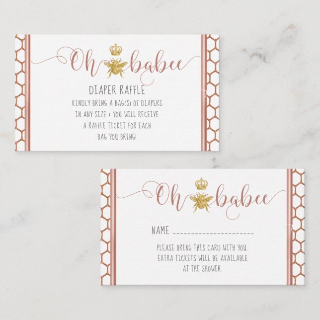 Oh Babee Bee Crown Pink Gold Baby Diaper Raffle Business Card (Front/Back)