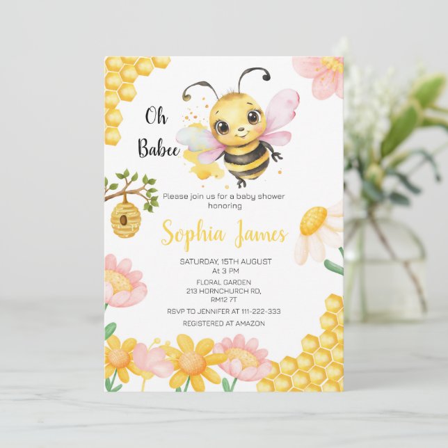 Oh Babee Honey bee Girl Baby Shower Invitation (Standing Front)