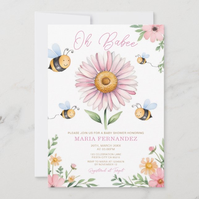 Oh Babee Mummy to Bee Baby Shower Pink Sunflowers  Invitation (Front)