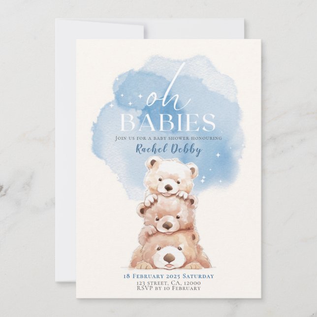 Oh Babies Bear Baby Shower Invitation blue triplet (Front)