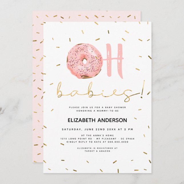 Oh Babies Doughnut & Sprinkles Gold Girl Baby Show Invitation (Front/Back)