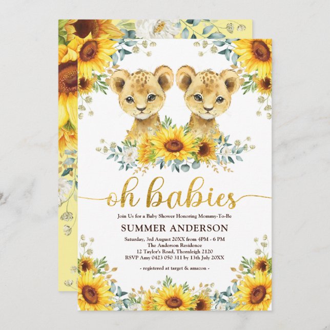 Oh Babies | Lion Twins Sunflower Baby Shower Invitation (Front/Back)