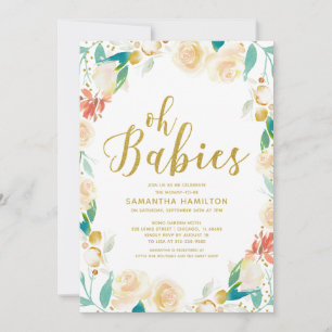 Oh Babies Peach Floral Glitter Twins Baby Shower Invitation