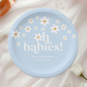 Oh Babies! Retro Daisy blue boho Baby Shower Paper Plate