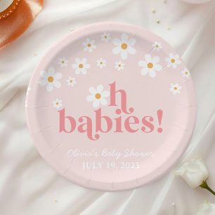oh babies Retro Daisy Pink boho Baby Shower Paper Plate