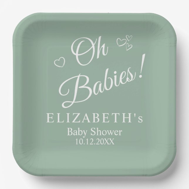 Oh Babies Sage Green Twin Baby Shower Paper Plates (Front)