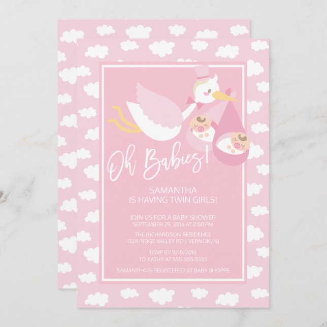 Oh Babies! Stork twin Girls Baby Shower Invitation (Front/Back)