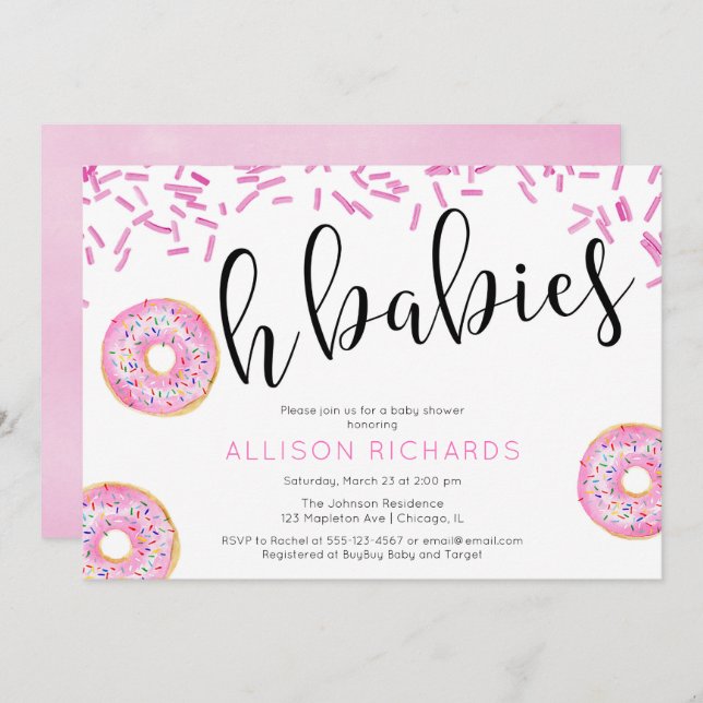 Oh babies twin girls Doughnut baby shower Invitation (Front/Back)