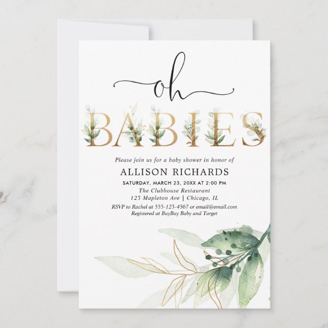 Oh babies twins green gold greenery baby shower invitation (Front)
