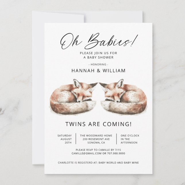 Oh Babies Twins Little Foxes Baby Shower Invitation (Front)